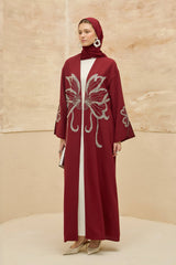 Rafif Burgundy Embellished Abaya Kimono