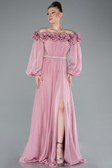 Courtney Floral Off Shoulder Pink Long Sleeves Gown