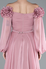 Courtney Floral Off Shoulder Pink Long Sleeves Gown