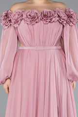 Courtney Floral Off Shoulder Pink Long Sleeves Gown