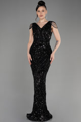 Milica Black V Neck Long Sequined Gown