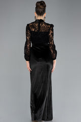 Darcy Black Laced Long Sleeve Velvet Belted Gown