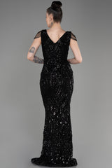 Milica Black V Neck Long Sequined Gown