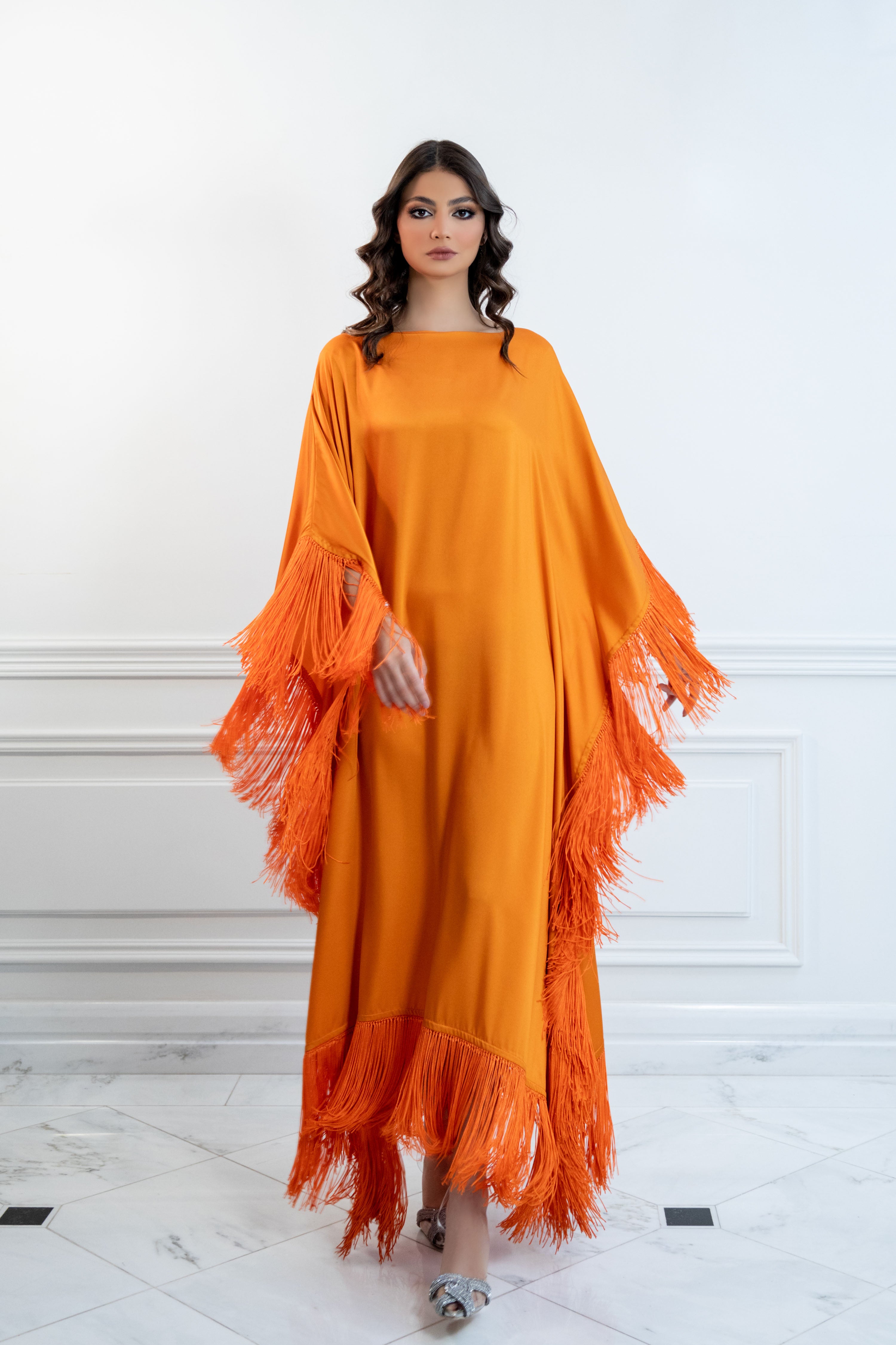 Latifa Fringe Orange Caftan Dress Latifa Fringe Orange Caftan Dress