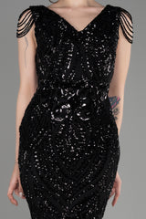 Milica Black V Neck Long Sequined Gown