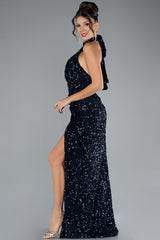 Ivy Navy Halter Neck Slit Long Sequin Fishtail Gown