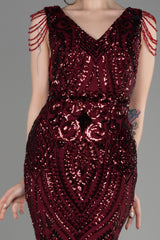 Milica Burgundy V Neck Long Sequined Gown