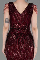 Milica Burgundy V Neck Long Sequined Gown