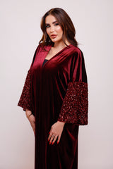 Zola Burgundy Velvet Sequin Abaya Kimono