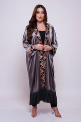Elif Gray Velvet Fringes Abaya Kimono