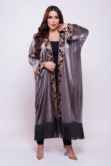 Elif Gray Velvet Fringes Abaya Kimono