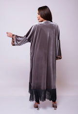 Elif Gray Velvet Fringes Abaya Kimono