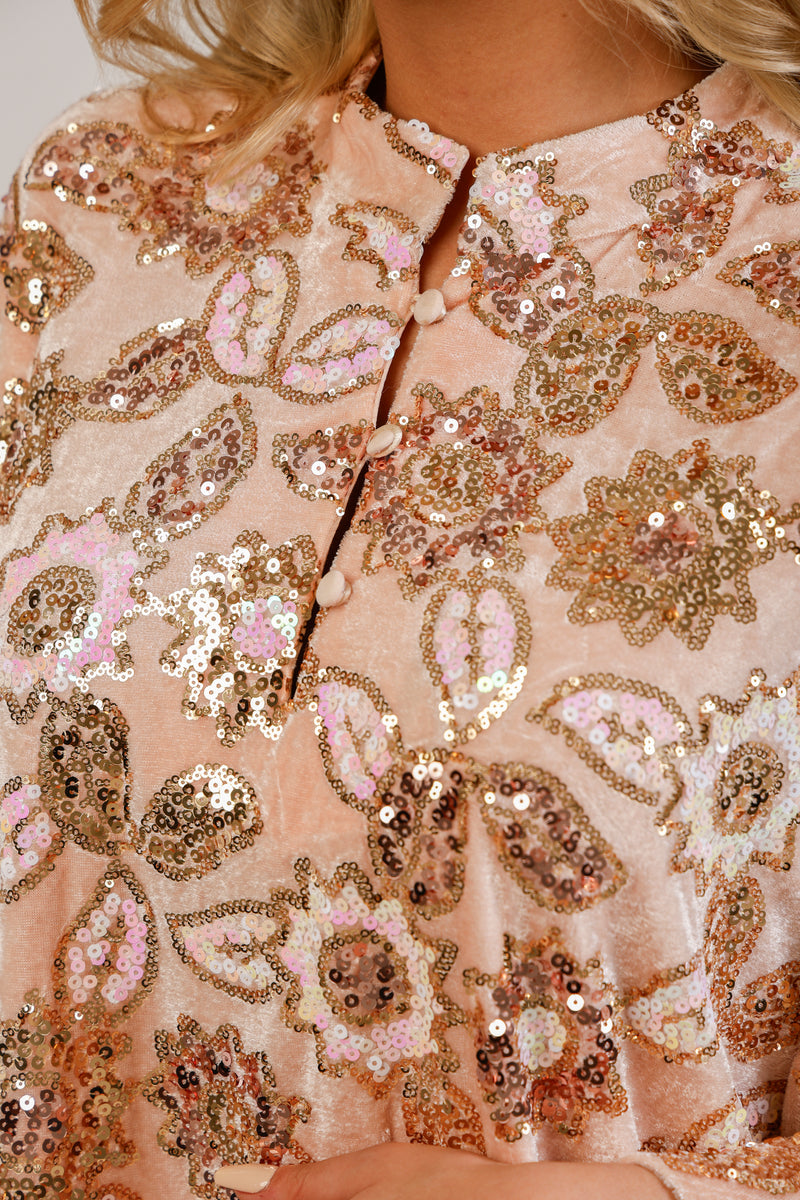Lina Pink Gold Floral Sequin Velvet Caftan Dress