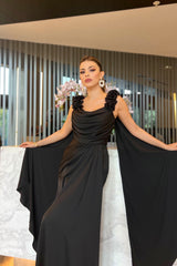 Arely Floral Shoulder Black Gown