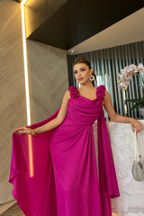 Arely Floral Shoulder Fuchsia Gown