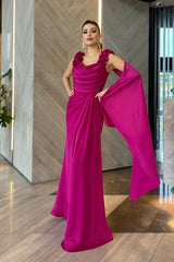 Arely Floral Shoulder Fuchsia Gown