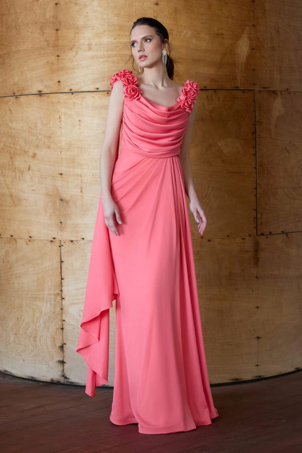 Arely Floral Shoulder Coral Pink Gown