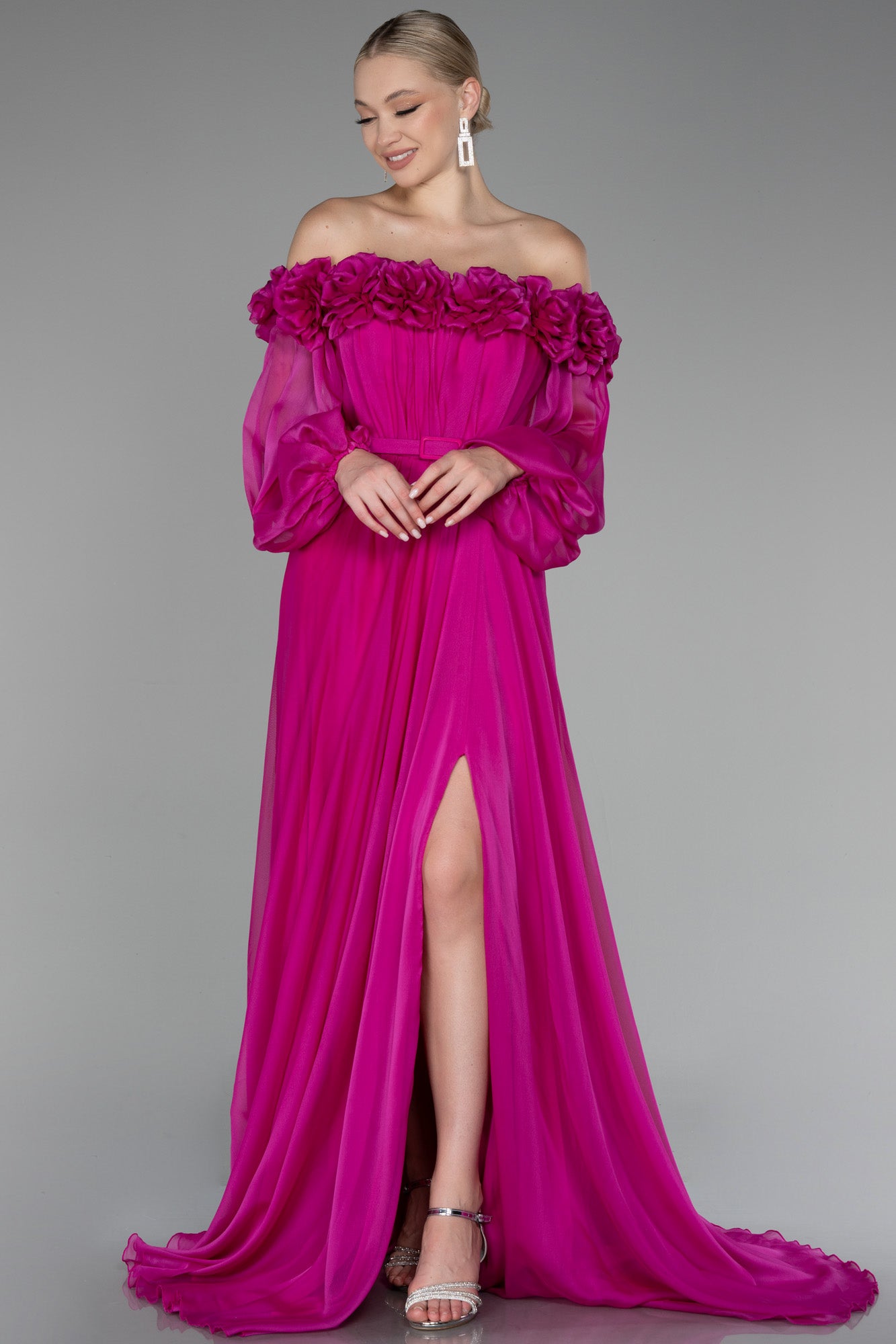 Asymmetrical Off-Shoulder Satin Gown Fuchsia main image 0