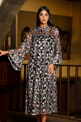Destiny Blue Pink Floral Embroidered Black Caftan Dress