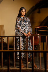 Destiny Blue Pink Floral Embroidered Black Caftan Dress