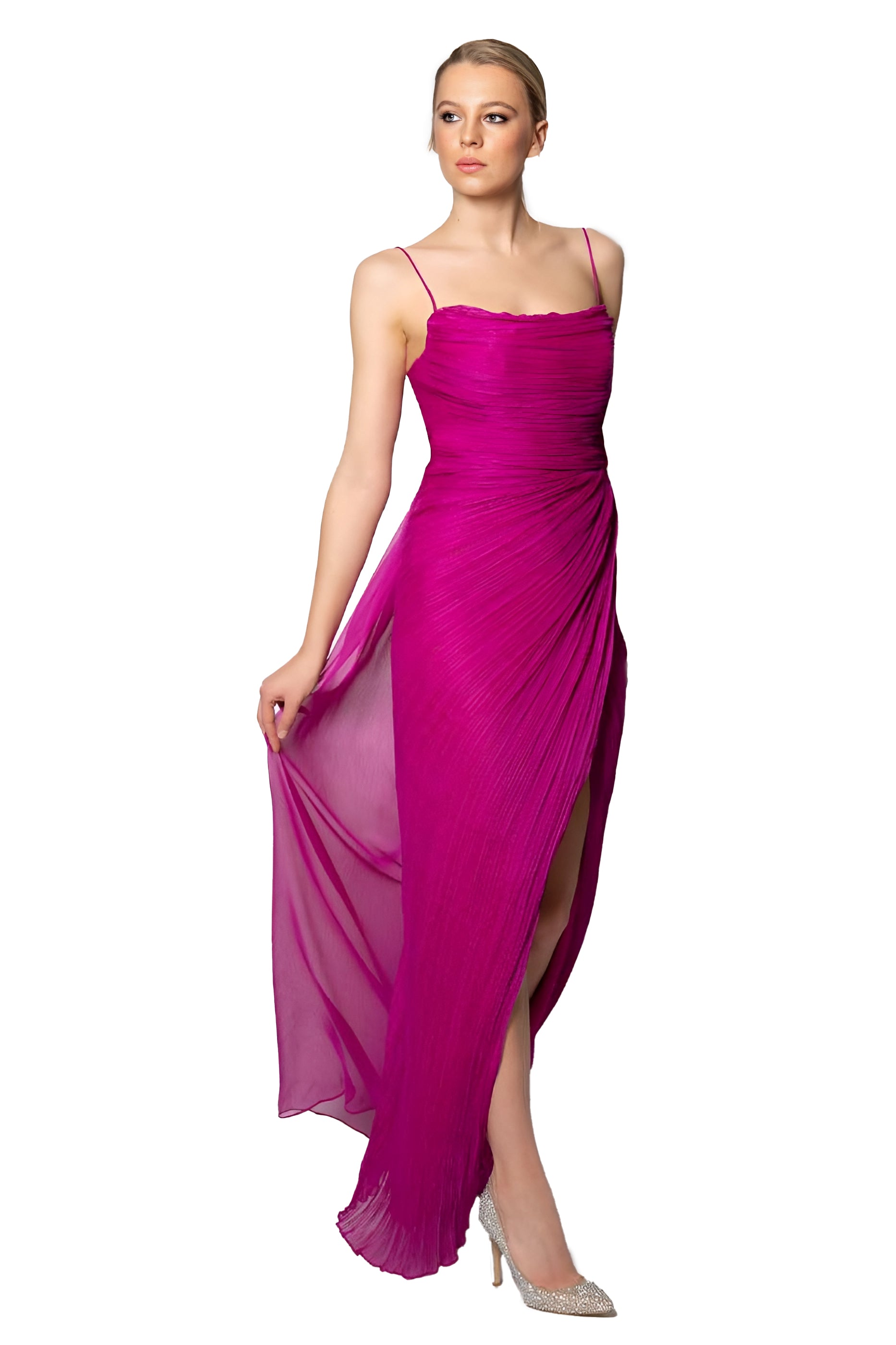 formal fuchsia pink dress Fuchsia Satin Strapless Prom Dresses Pleated Crossed Bodice Formal Gown 24431 Custom Colors / 24W main image 0