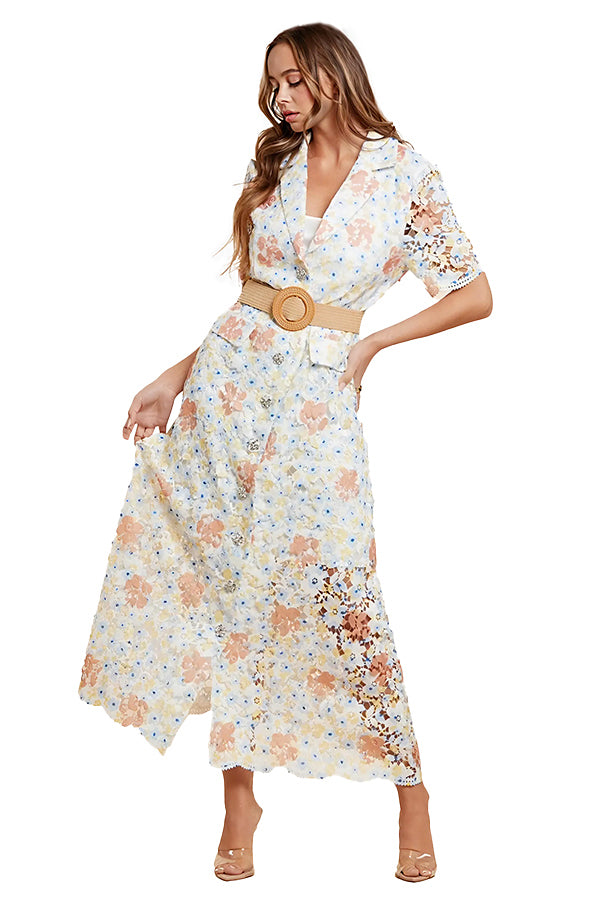 Freya Lace Yellow Blue Summer Midi Maxi Short Sleeves Dress L
