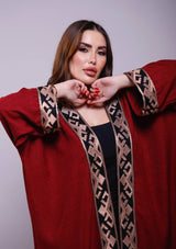 Samia Burgundy Linen Fringes Abaya Kimono