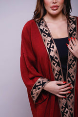 Samia Burgundy Linen Fringes Abaya Kimono