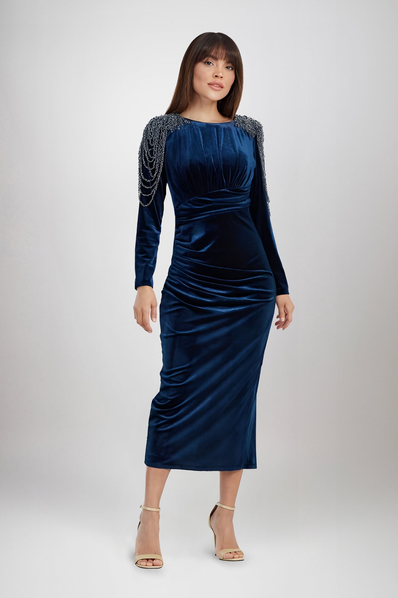 cornflower blue dress with sleeves Kate Velvet Shirt Dress-Sapphire Blue