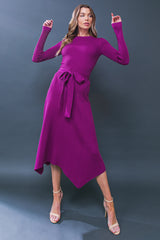 Joy Asymmetrical Hem Tie Waist Midi Sweater Dress
