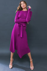 Joy Asymmetrical Hem Tie Waist Midi Sweater Dress