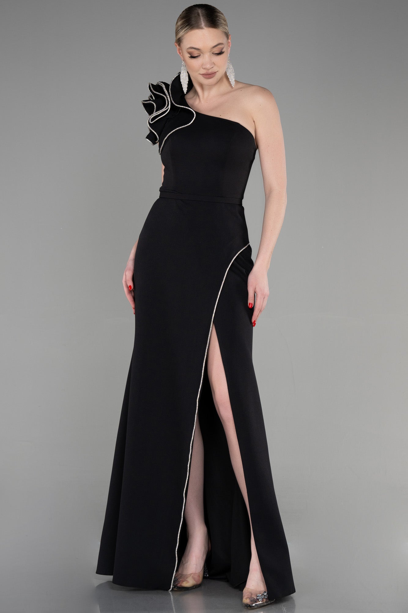 Black One Shoulder Fitted Crushed Gown Style 38240