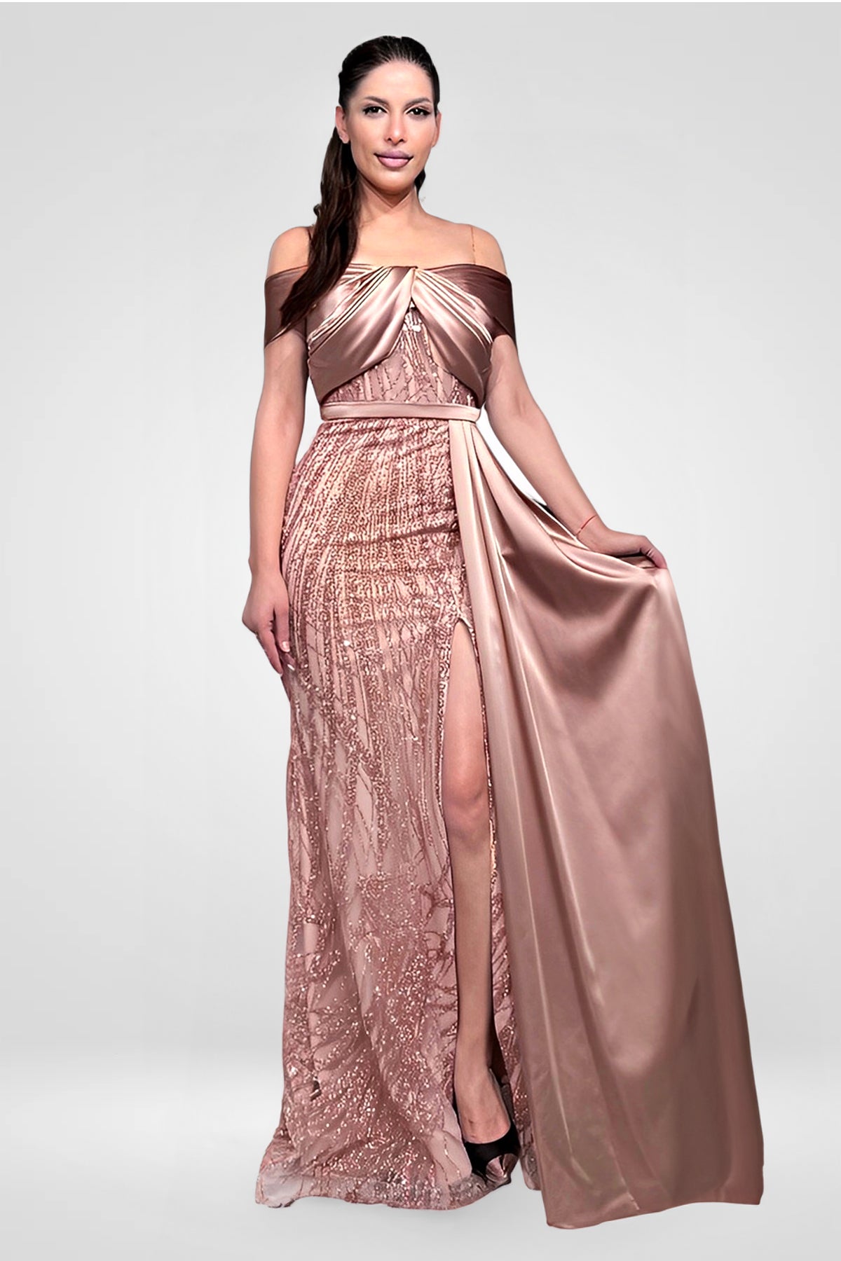 Marcela Rosegold Sparkly Pattern off shoulder twist detail Gown 2-4