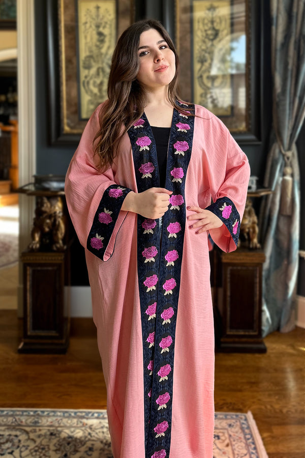 Basma Linen Floral Pink Abaya Kimono