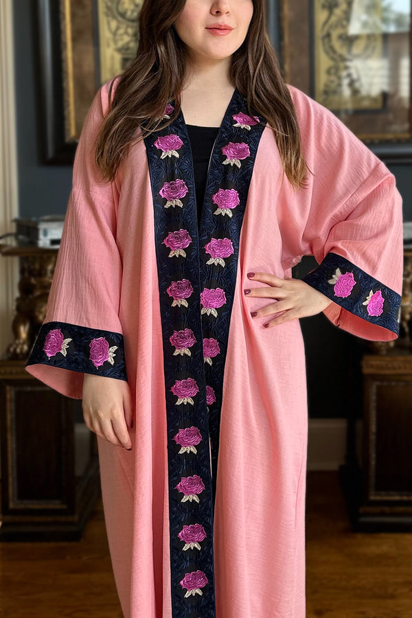 Basma Linen Floral Pink Abaya Kimono