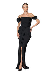 Serena Black Floral Shoulder Gown