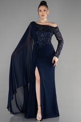 Susana Navy Long Sleeve Cape Gown