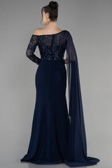Susana Navy Long Sleeve Cape Gown