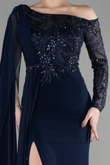 Susana Navy Long Sleeve Cape Gown