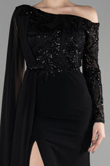 Susana Black Long Sleeve Cape Gown