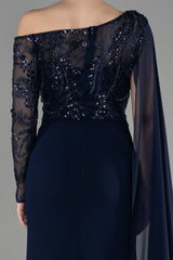 Susana Navy Long Sleeve Cape Gown