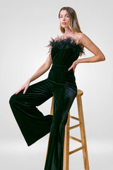 Yuki Velvet Black Feather Strapless Jumpsuit