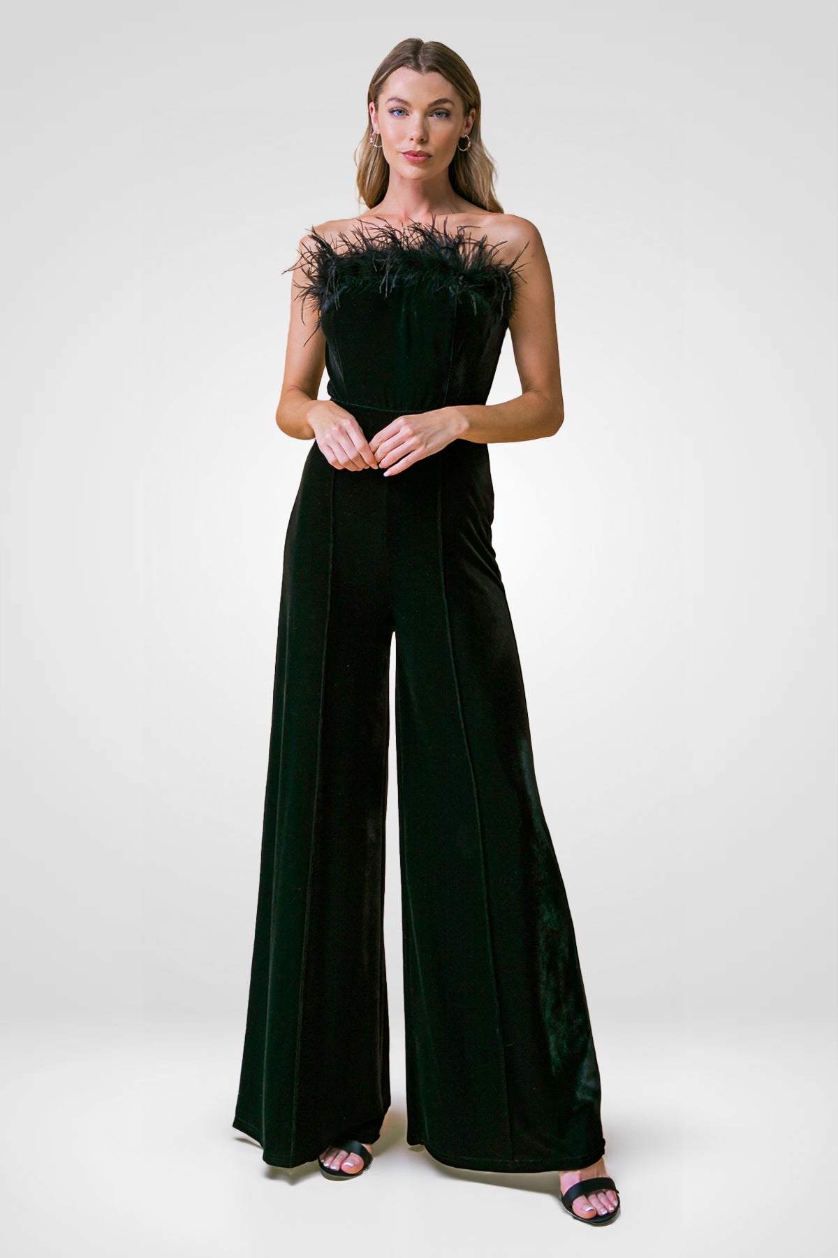 Black Pleated Feather Bustier Strapless Jumpsuit