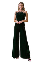 Yuki Velvet Black Feather Strapless Jumpsuit