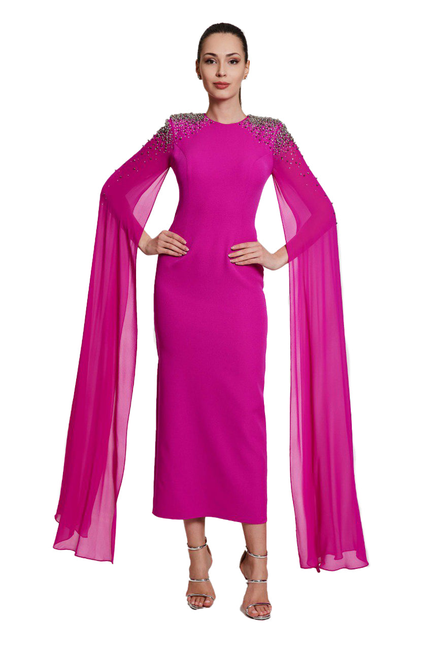 Aisha Maxi Fuchsia Cape Dress with Beading and Crystal Stone