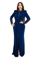 Glenda Navy Blue Embellished Long Sleeves Gown