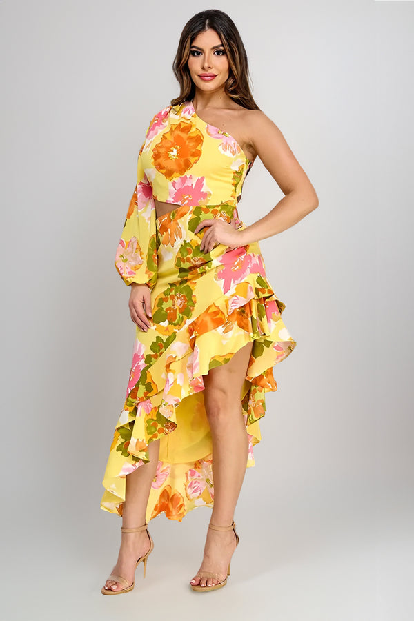 Kalani Floral Yellow Ruffle Midi Dress