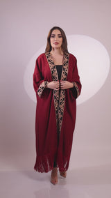 Samia Burgundy Linen Fringes Abaya Kimono