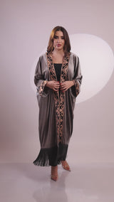 Elif Gray Velvet Fringes Abaya Kimono
