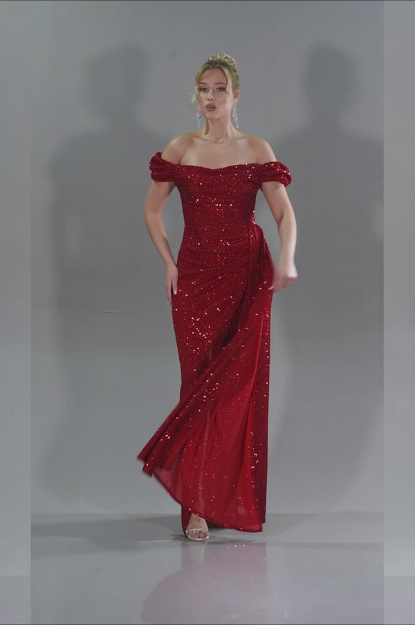 Gwen Red Sequin Off Shoulder Gown